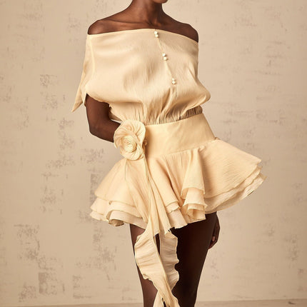 Juliet Neutrals Mini Dress with Floral Appliqués and Pleated Detailing