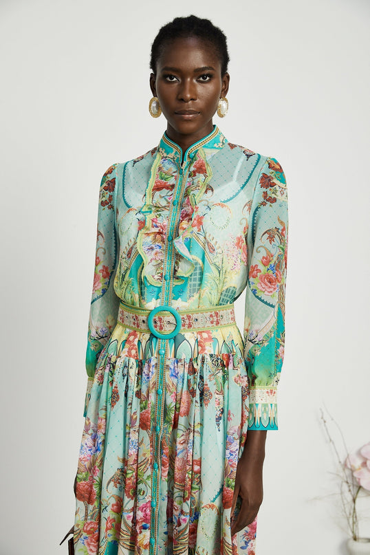 Juliette floralprint flouncehem midi dress