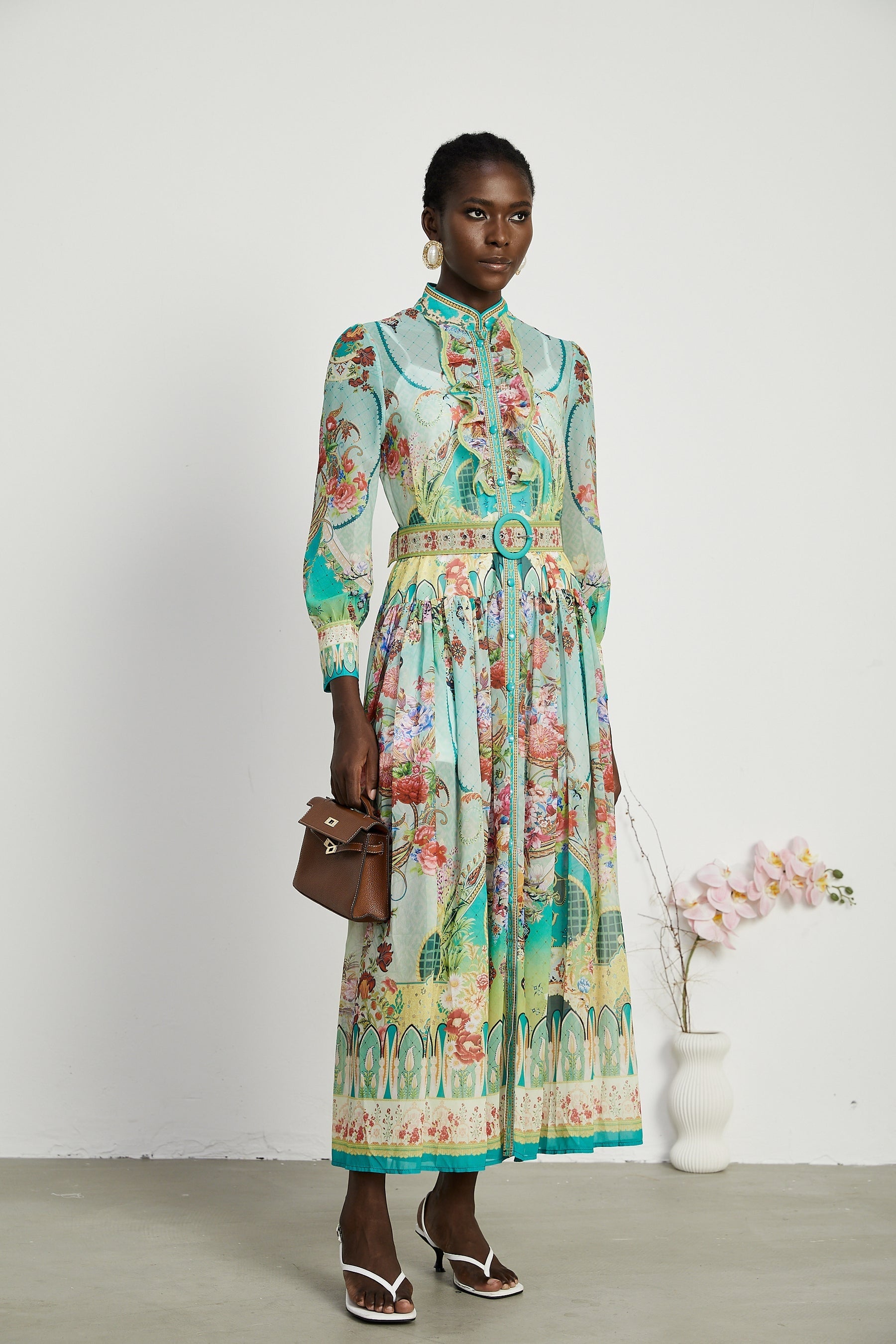 Juliette floralprint flouncehem midi dress