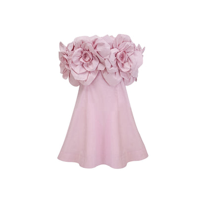 Juliette pink mini dress with offshoulder design and 3D petal details