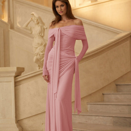 Juniper Blush Serenade Gown Pink Long Sleeve Front Tie Detail Pleated Asymmetrical Ruched Drape Floor Length 83% Cotton 17% Spandex