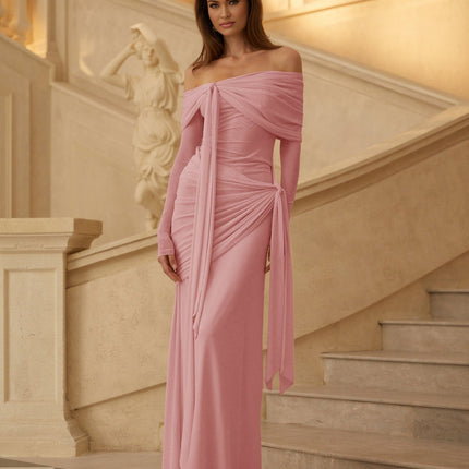 Juniper Blush Serenade Gown Pink Off the Shoulder Long Sleeve Front Tie Detail Pleated Asymmetrical Ruched Drape Slip-On Floor Length 83% Cotton 17% Spandex