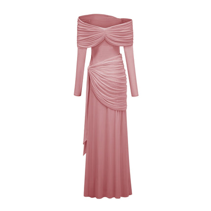 Juniper Blush Serenade Gown Pink Off-the-Shoulder Long Sleeve Front Tie Pleated Asymmetrical Ruched Slip-On Floor Length Dress