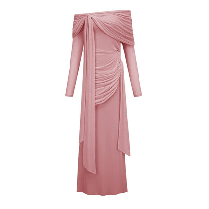 Juniper Blush Serenade Gown Pink Off-the-Shoulder Long Sleeve Front Tie Pleated Asymmetrical Ruched Drape Floor Length 83% Cotton 17% Spandex