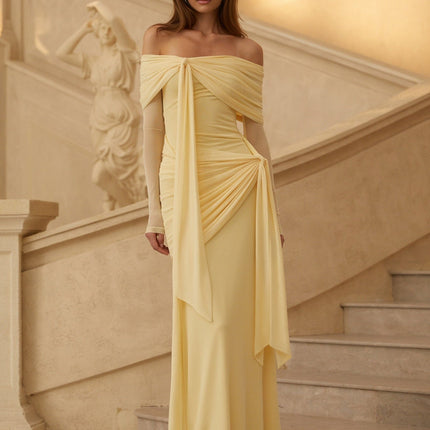 Juniper Sunbeam Serenade Gown Yellow Off-Shoulder Long Sleeve Front Tie Pleated Ruched Draped Asymmetrical Slip-On Floor Length 83% Cotton 17% Spandex Luxury Sophistication Glamour