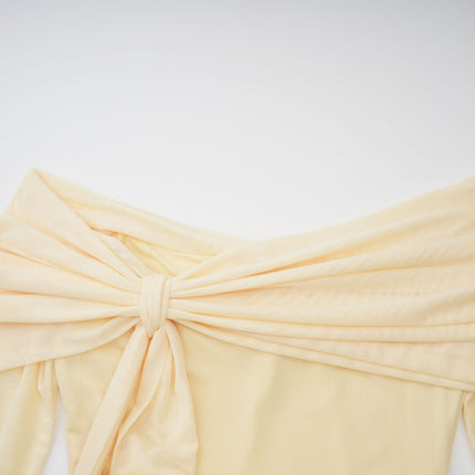 Juniper Sunbeam Serenade Gown Yellow Off-the-Shoulder Long Sleeve Front Tie Pleated Ruched Draped Asymmetrical Floor Length Luxury Sophistication