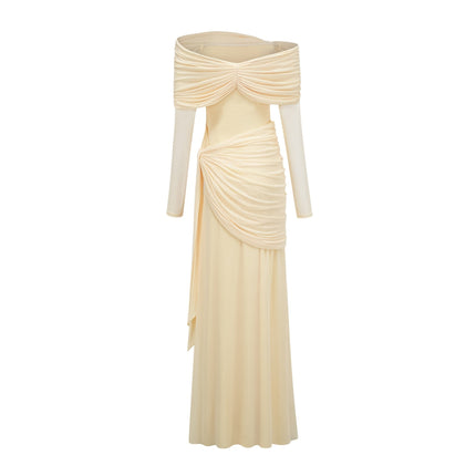 Juniper Sunbeam Serenade Gown Yellow Off-Shoulder Long Sleeve Front Tie Pleated Ruched Draped Asymmetrical Floor Length 83% Cotton 17% Spandex Luxury Sophistication Glamour