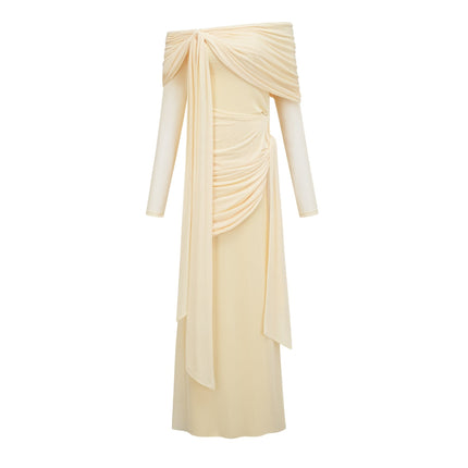 Juniper Sunbeam Serenade Gown Yellow Off-the-Shoulder Long Sleeve Front Tie Pleated Ruched Draped Asymmetrical Floor Length Luxury Sophistication