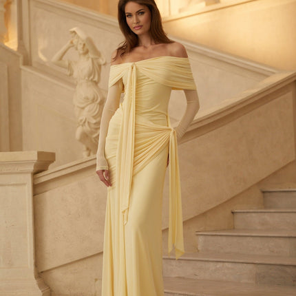 Juniper Sunbeam Serenade Gown Yellow Off-the-Shoulder Long Sleeve Front Tie Pleated Ruched Draped Asymmetrical Floor Length Cotton Spandex Luxury Sophistication Glamour