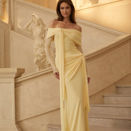 Juniper Sunbeam Serenade Gown Yellow Off-Shoulder Long Sleeve Front Tie Pleated Ruched Draped Asymmetrical Floor Length 83% Cotton 17% Spandex Luxury Sophistication Glamour