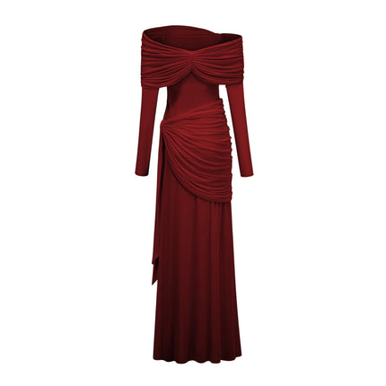 Juniper Twilight Sonata Gown Red Off-the-Shoulder Long Sleeve Front Tie Detail Pleated Asymmetrical Ruched Draped Floor Length Cotton Spandex Women's Dress