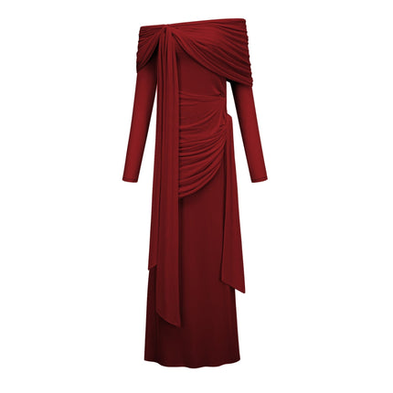Juniper Twilight Sonata Gown Red Off-The-Shoulder Long Sleeve Front Tie Pleated Asymmetrical Ruched Draped Floor-Length 83% Cotton 17% Spandex