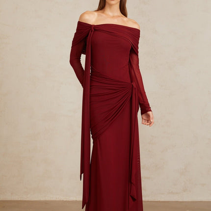 Juniper Twilight Sonata Gown Red Off-Shoulder Long Sleeve Front Tie Detail Pleated Ruched Asymmetrical Draped Floor-Length Hem Cotton Spandex