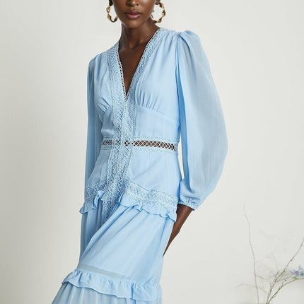 Juno Guipure Lace Maxi Dress Light Blue Elegant Ruffle V-Neckline Long Sleeves Elastic Cuffs Back Zipper Closure Semi-Transparent Panels Terylene Fabric