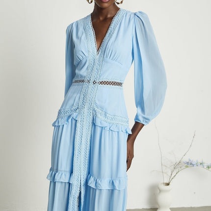 Juno Guipure Lace Maxi Dress Light Blue Elegant Ruffle V-Neck Long Sleeve Back Zipper Terylene Women's Fashion