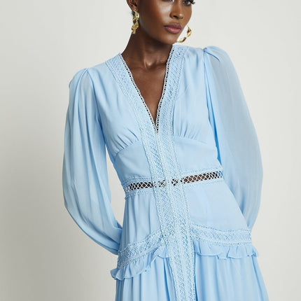 Juno Light Blue Guipure Lace Maxi Dress with Ruffle Detailing and V-Neckline