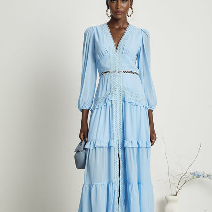 Juno Light Blue Guipure Lace Maxi Dress with V-neckline and ruffle detailing in 100% Terylene fabric