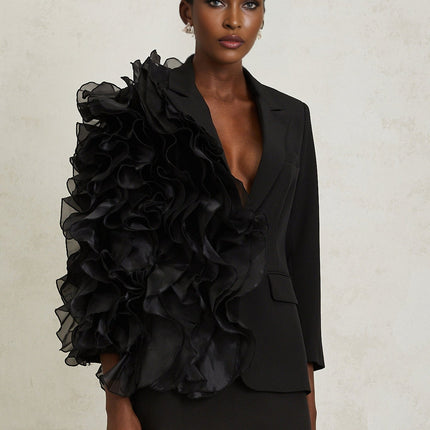 Justine Black Ruffled Tulle Panel Blazer for modern fashionistas