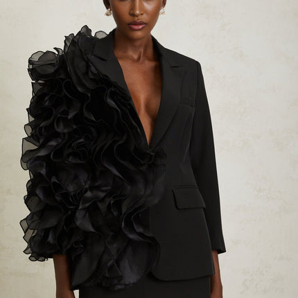 Justine Black Ruffled Tulle Panel Blazer