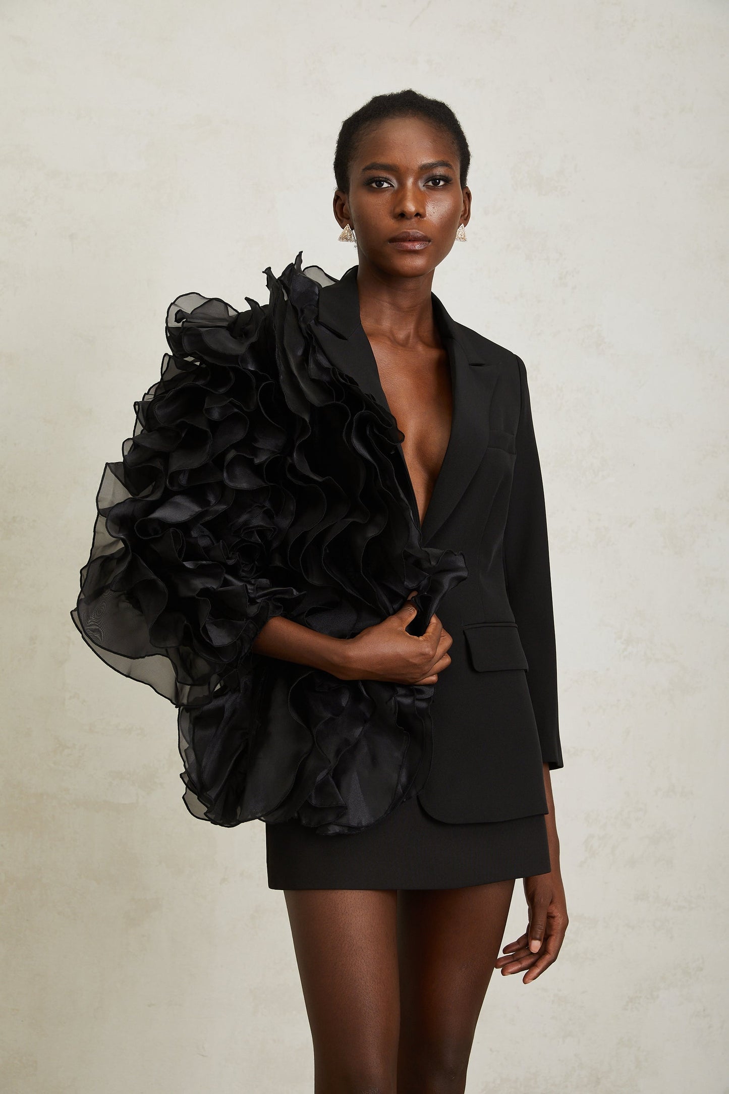 Justine Black Ruffled Tulle Panel Blazer