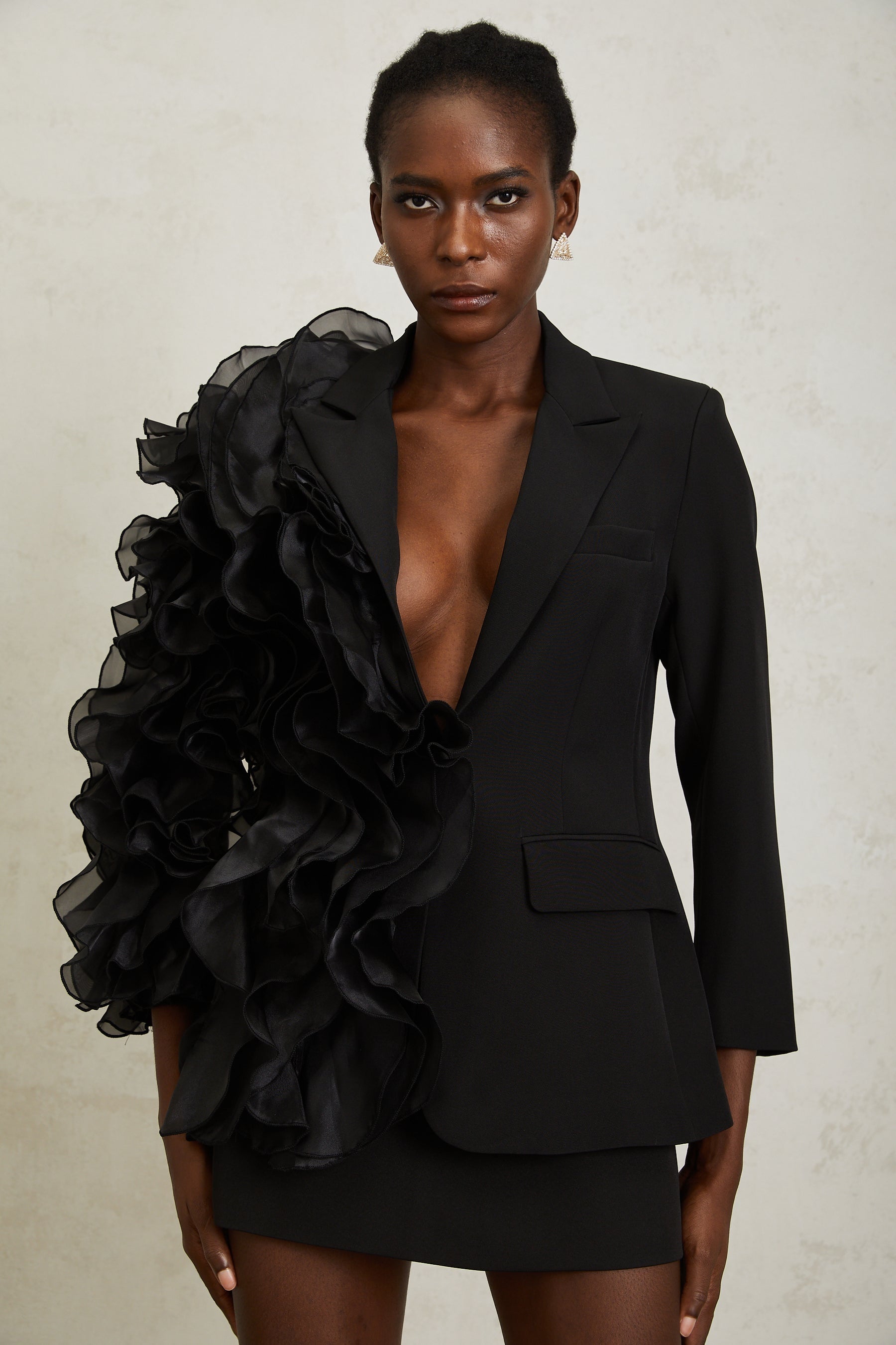 Justine Black Ruffled Tulle Panel Blazer