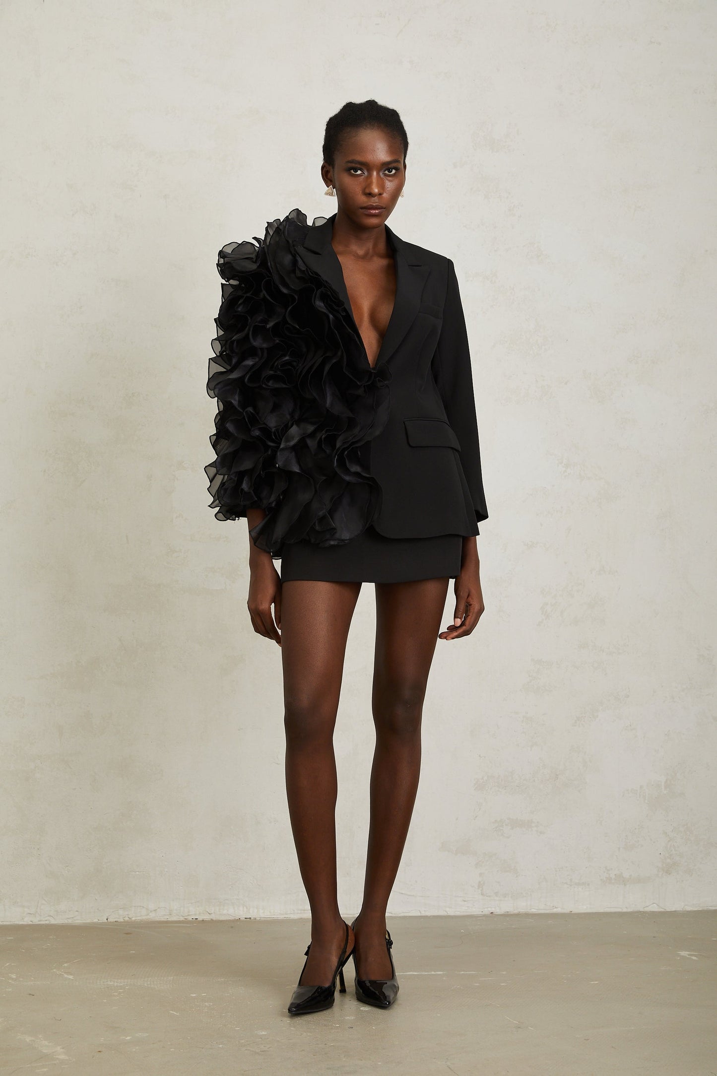 Justine Black Ruffled Tulle Panel Blazer