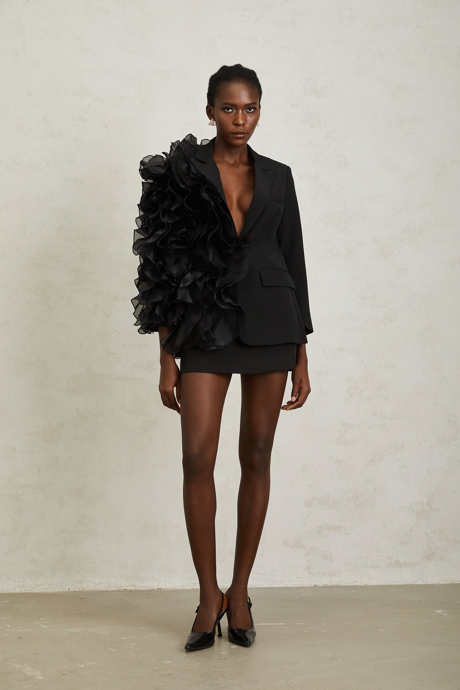 Justine Black Ruffled Tulle Panel Blazer