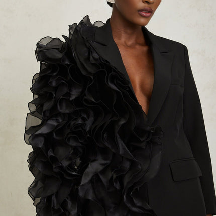 Justine Black Ruffled Tulle Panel Blazer for modern fashionista