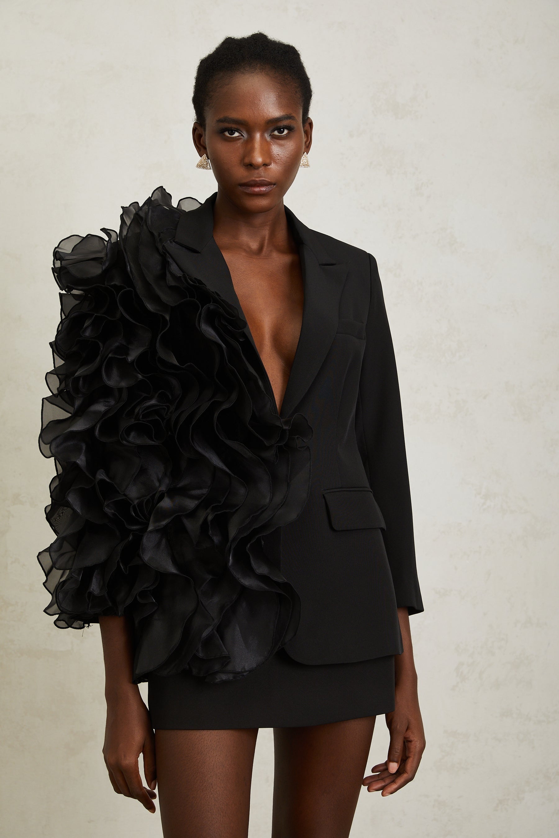 Justine Black Ruffled Tulle Panel Blazer