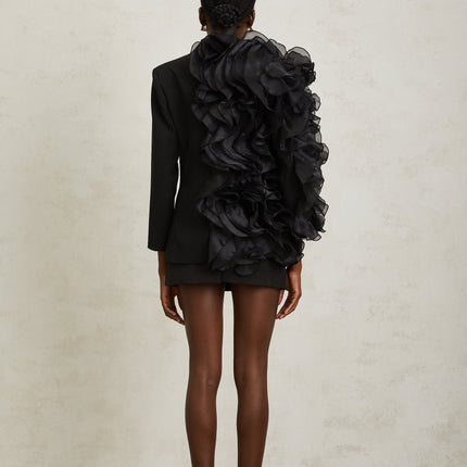 Justine Black Ruffled Tulle Panel Blazer for modern fashionistas