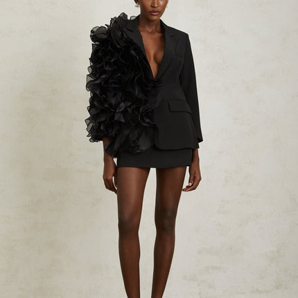 Justine Black Ruffled Tulle Panel Blazer for modern fashionista