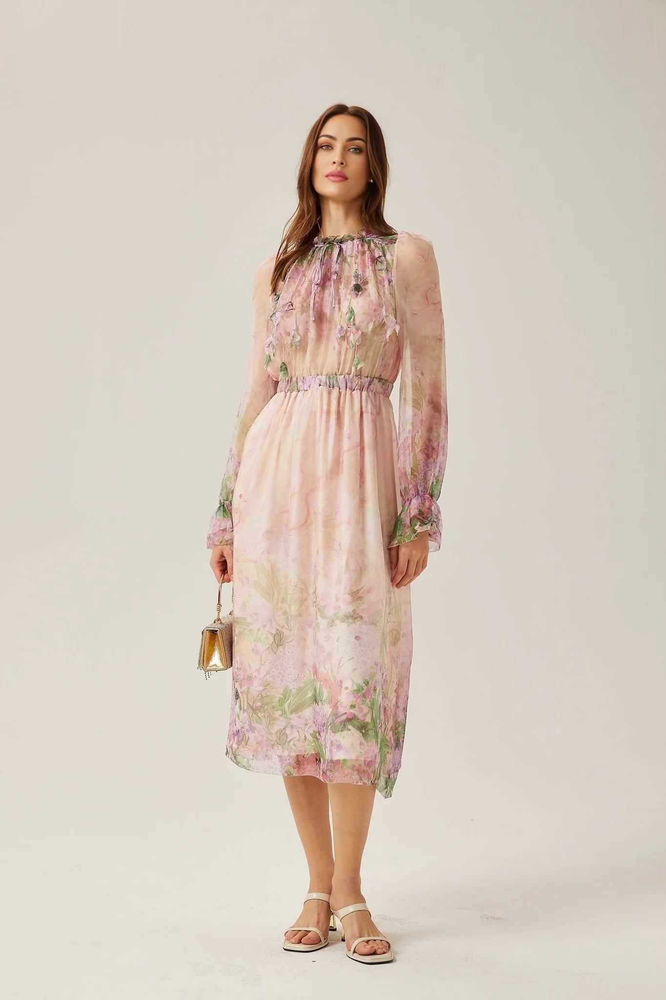 Justine floralprint cinchedwaist midi dress