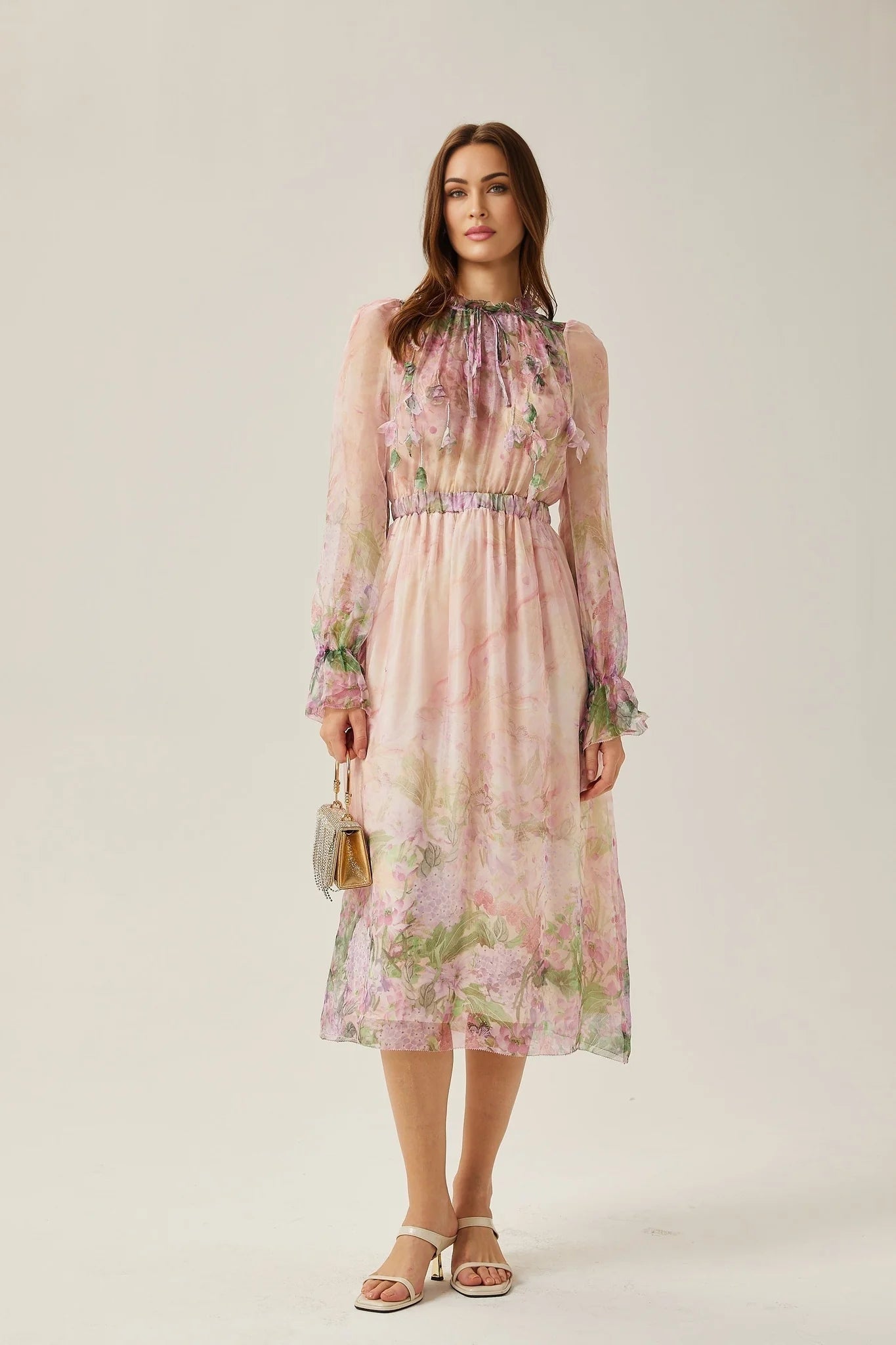 Justine floralprint cinchedwaist midi dress