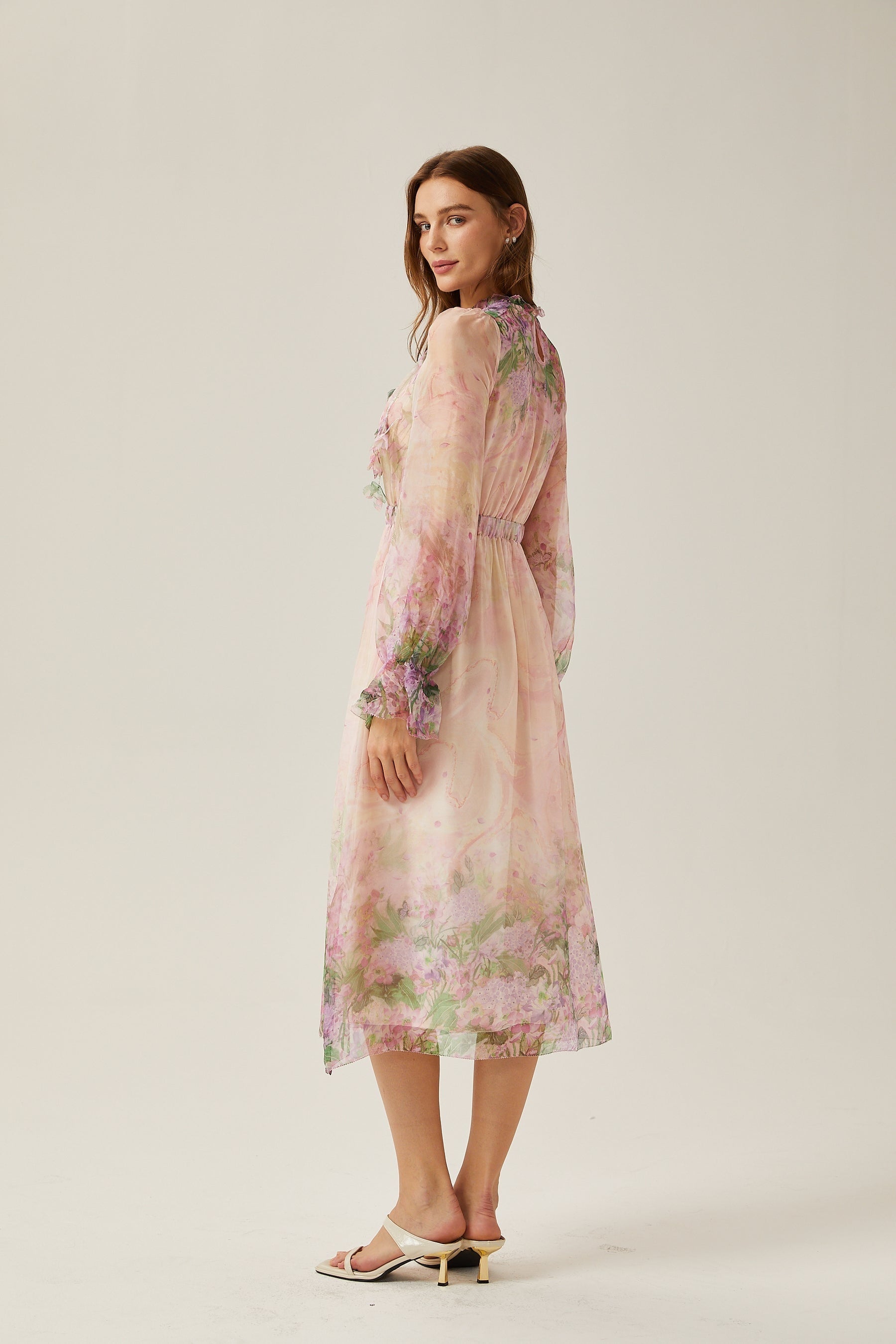 Justine floralprint cinchedwaist midi dress