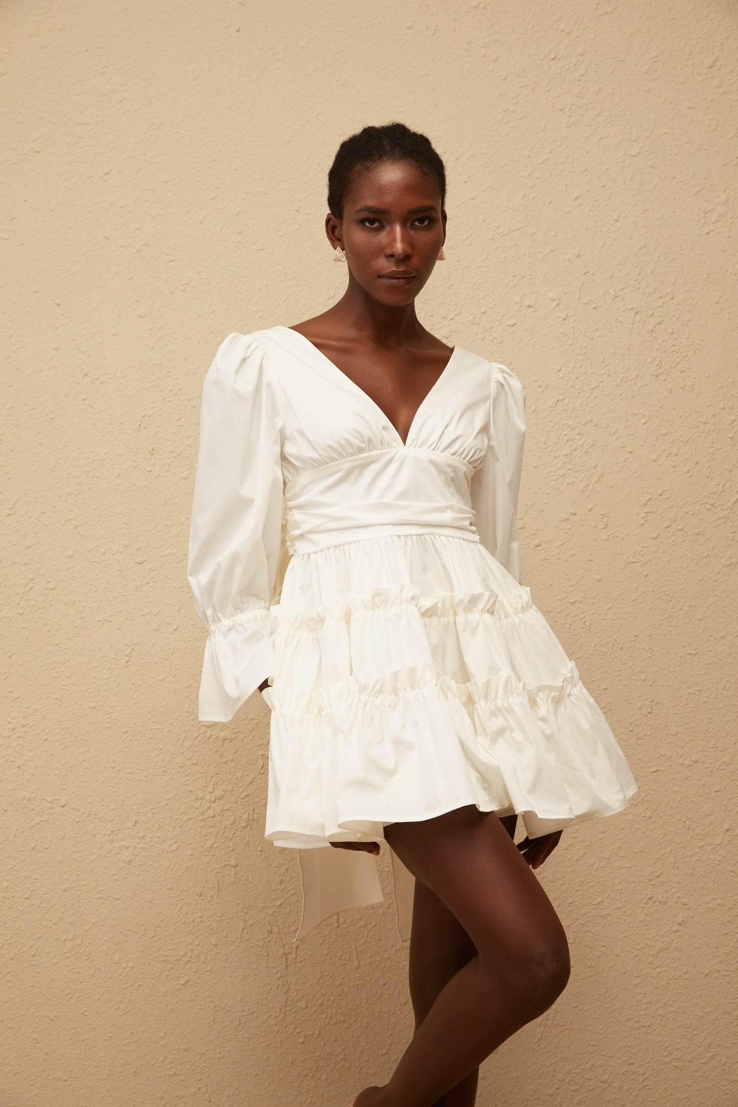 Jutta White Bowknot Shirred Mini Dress