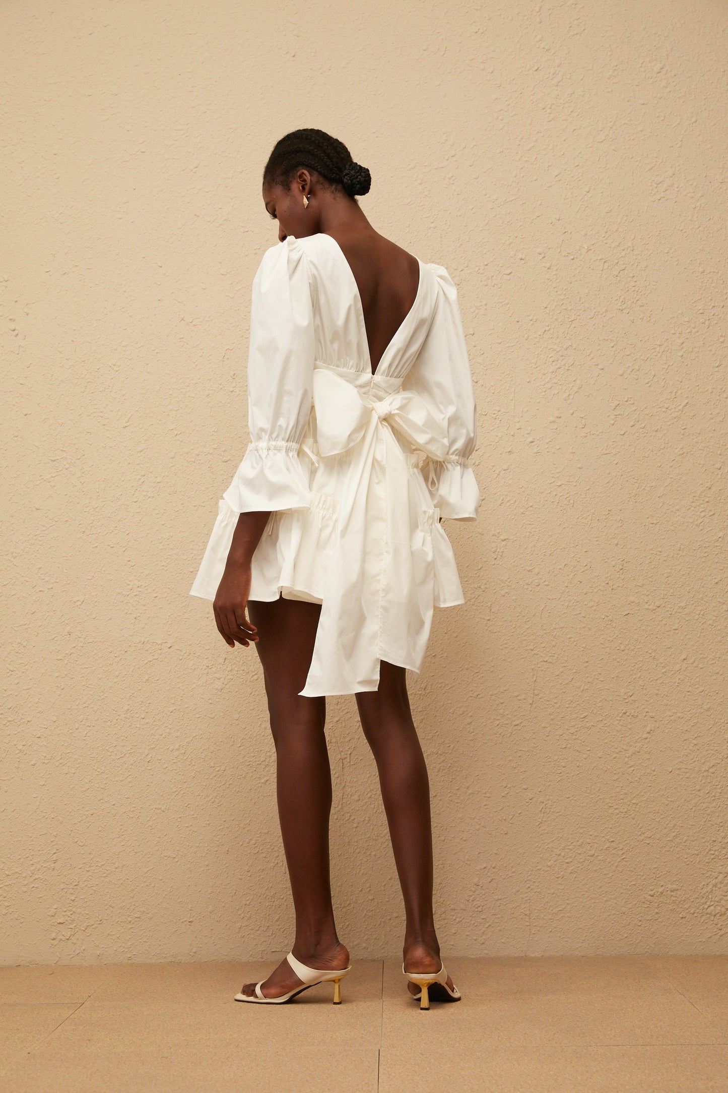 Jutta White Bowknot Shirred Mini Dress