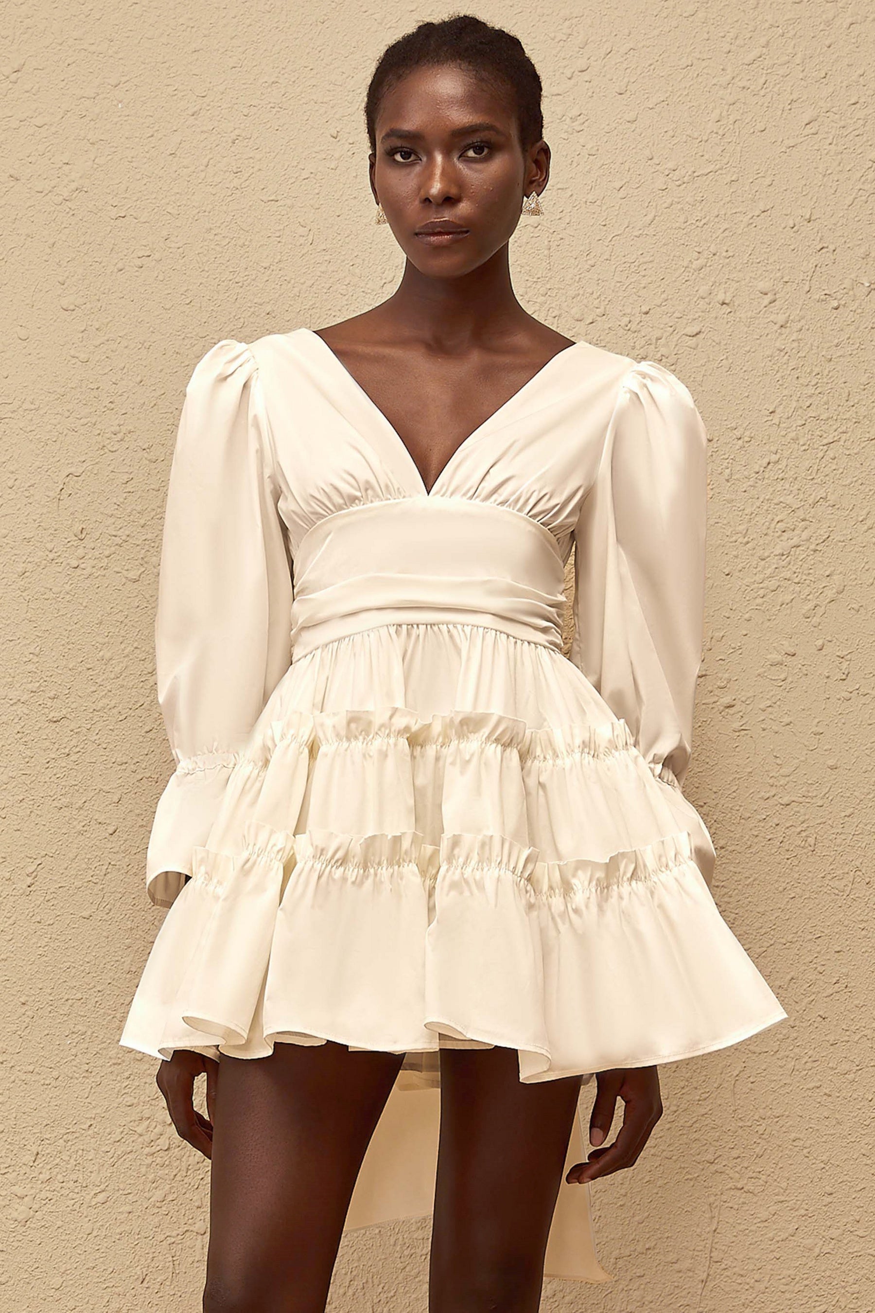 Jutta White Bowknot Shirred Mini Dress