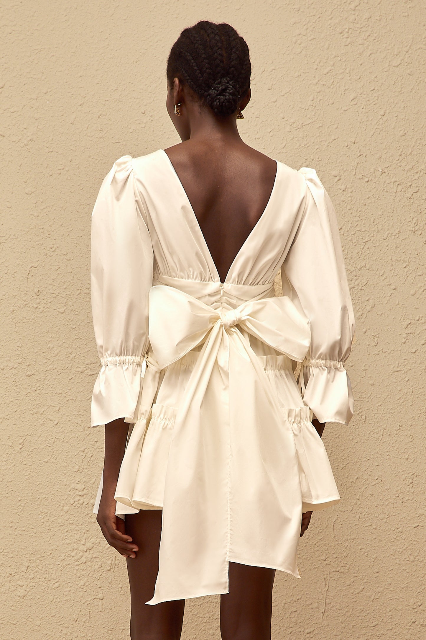 Jutta White Bowknot Shirred Mini Dress