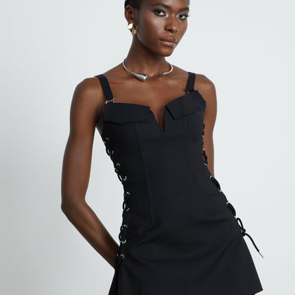 Kadence Black Boned Bodice Sleeveless V-Neck Dress Organic Cotton Elastane