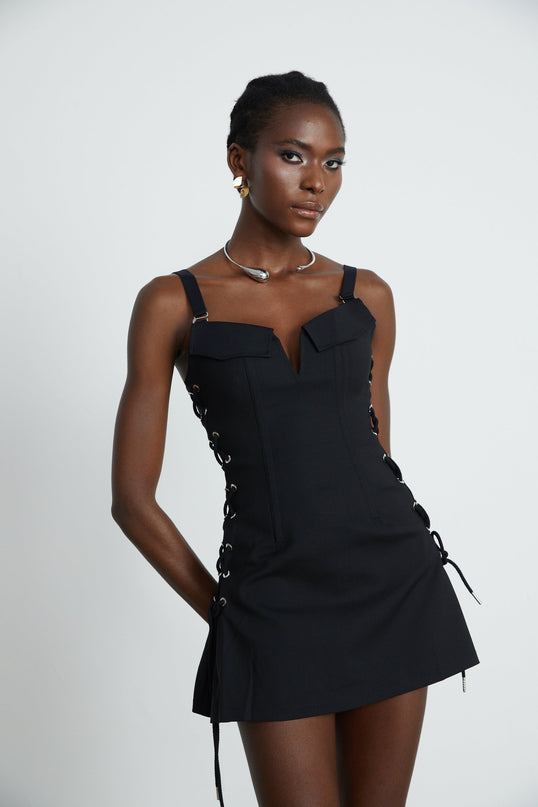 Kadence Black Boned Bodice Sleeveless V-Neck Dress Organic Cotton Elastane