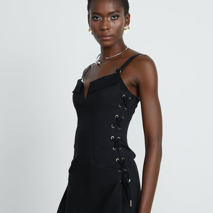 Kadence Black Sleeveless V-Neck Boned Bodice Dress with Adjustable Straps and Chest Flap Pockets in Organic Cotton and Elastane