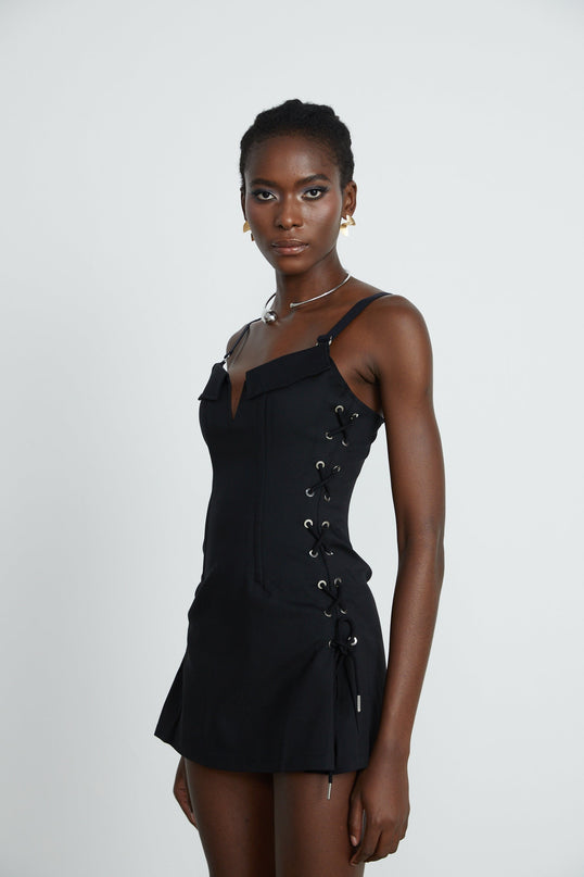 Kadence Black Sleeveless V-Neck Boned Bodice Dress with Adjustable Straps and Chest Flap Pockets in Organic Cotton and Elastane