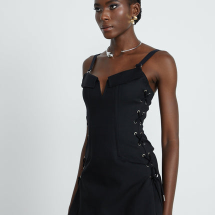 Kadence Black Boned Bodice V-Neck Dress Organic Cotton Elastane Flap Pockets Thigh Length