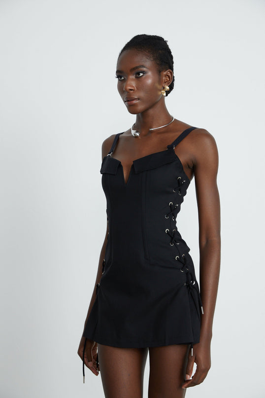 Kadence Black Boned Bodice V-Neck Dress Organic Cotton Elastane Flap Pockets Thigh Length