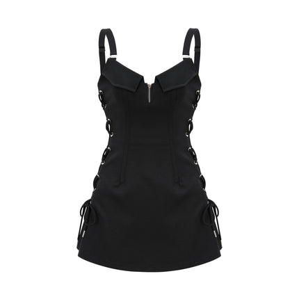 Kadence Black Sleeveless V-Neck Boned Bodice Dress with Adjustable Straps and Flap Pockets