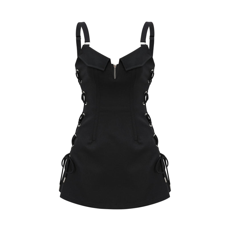Kadence Black Sleeveless V-Neck Boned Bodice Dress with Adjustable Straps and Flap Pockets