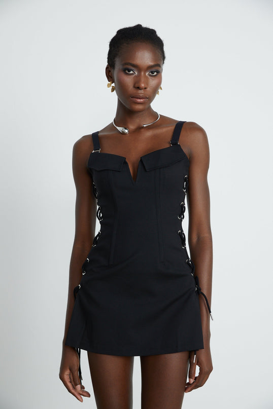 Kadence Black Sleeveless V-Neck Boned Bodice Dress with Flap Pockets