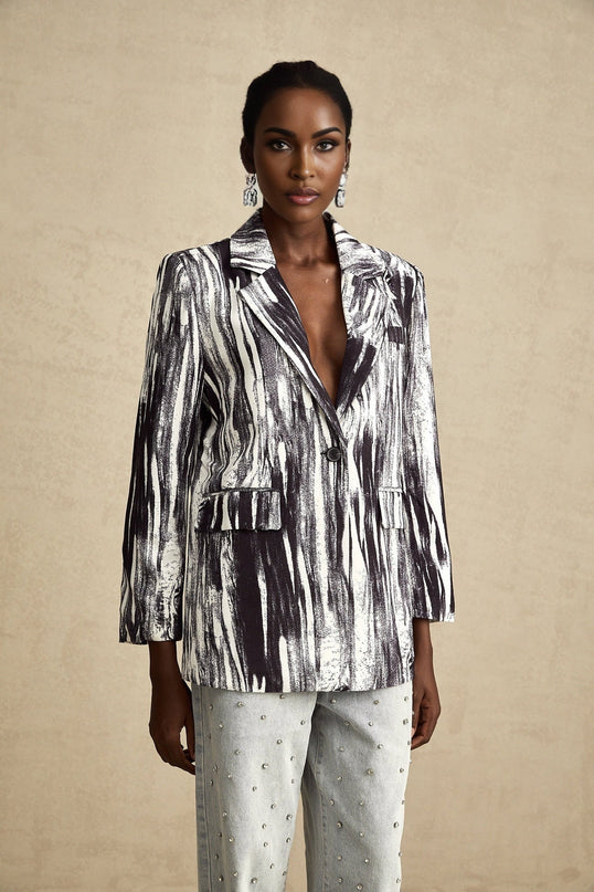 Kadence Black Graffiti Print Jacket with Lapels and Flap Pockets