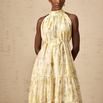 Kadence Yellow Floral Midi Dress in Luxurious Terylene with Tied Waist and Tiered Skirt