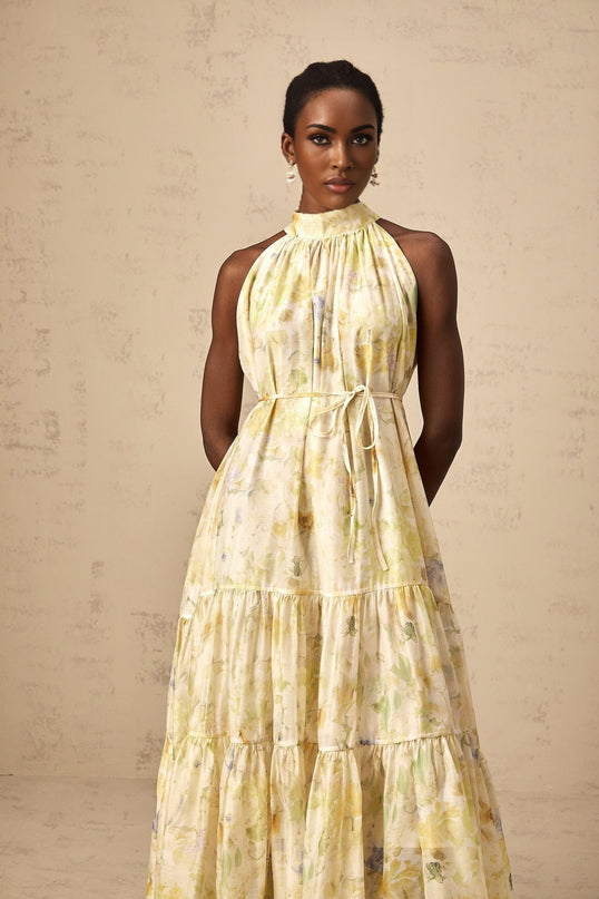 Kadence Yellow Floral Midi Dress in Luxurious Terylene with Tied Waist and Tiered Skirt